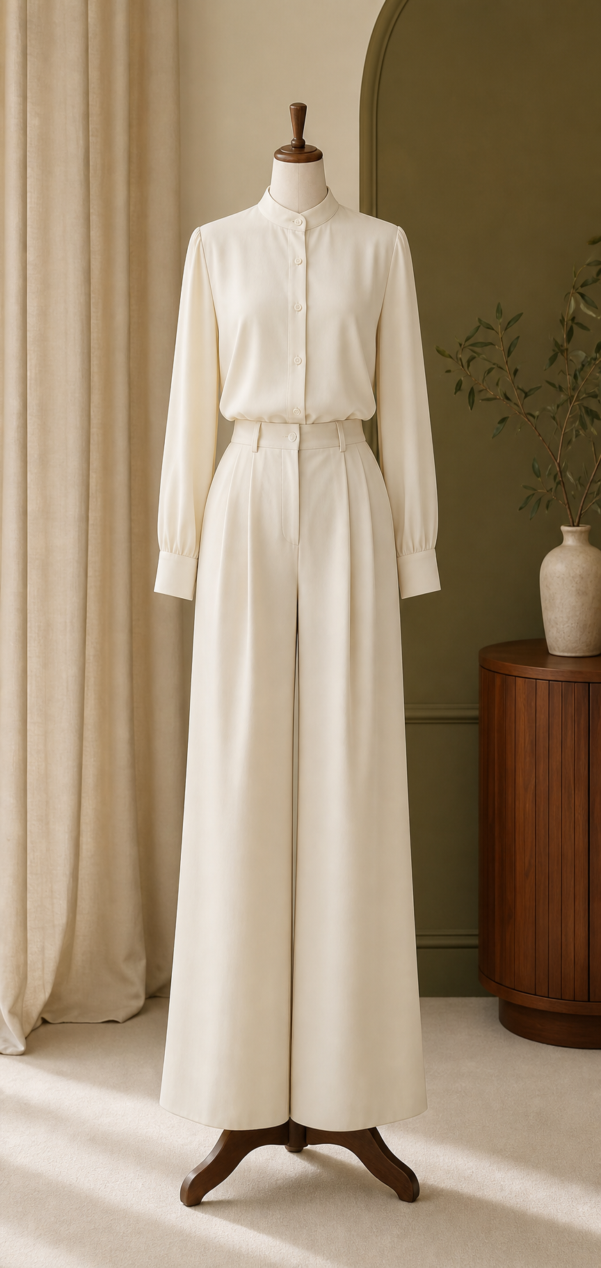 Ivory modest blouse and wide-leg trouser co-ord on a mannequin.