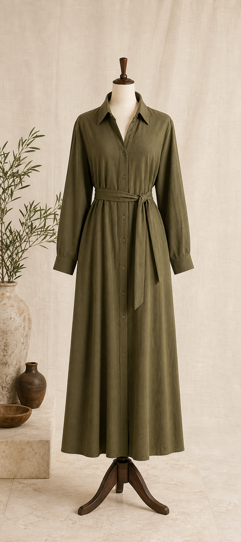 Olive modest longline shirt dress on a mannequin in a cream studio.